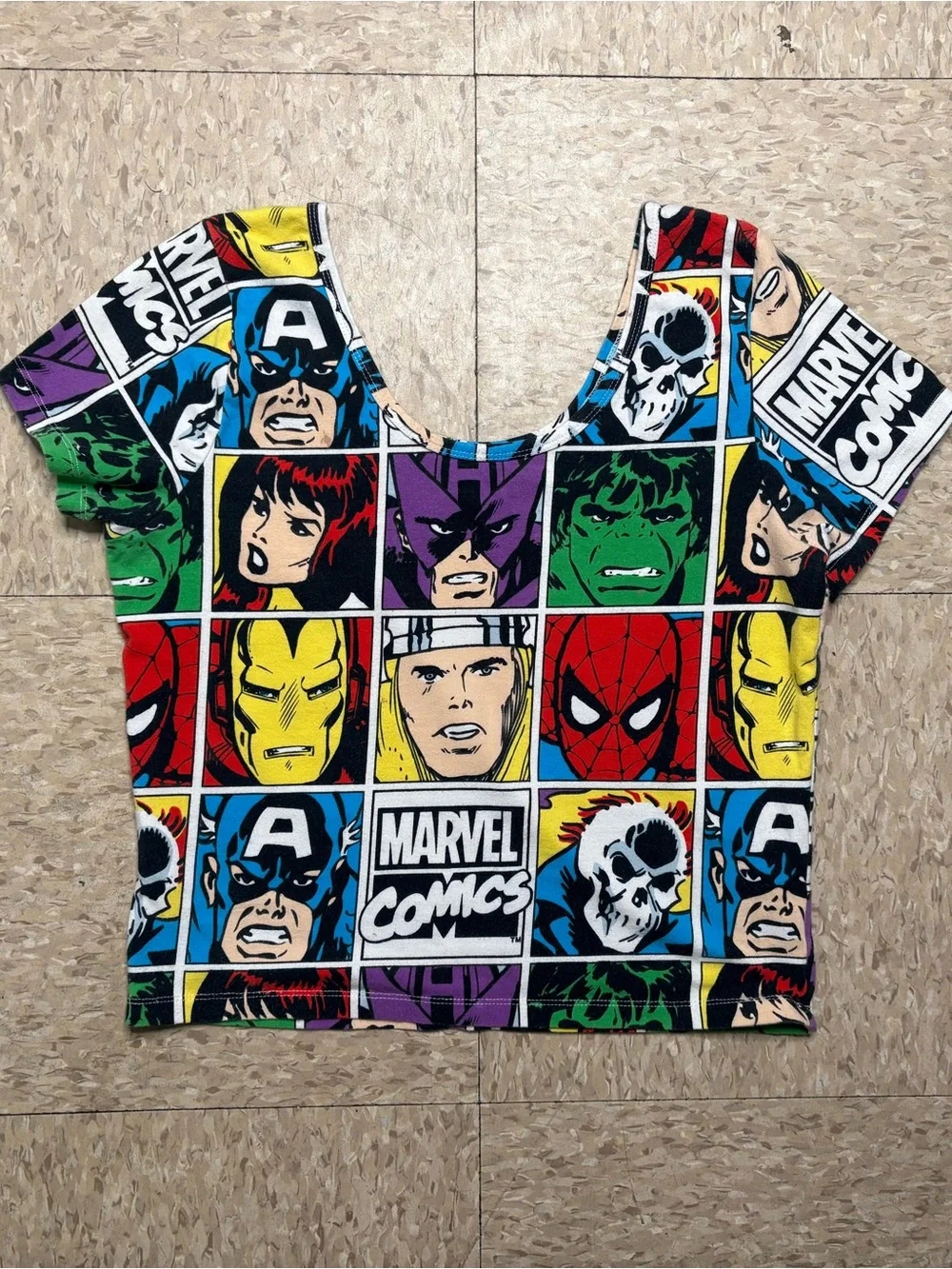 Marvel Spider-Man Iron Man Hulk Captain America Graphic Crop Top T-Shirt L - Picture 5 of 5